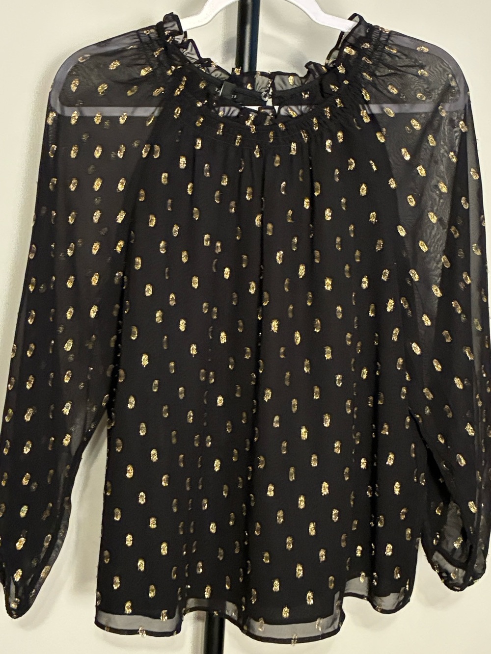 Talbots Black Sheer Sleeve Blouse Gold Polka Dot Accents Petite Large